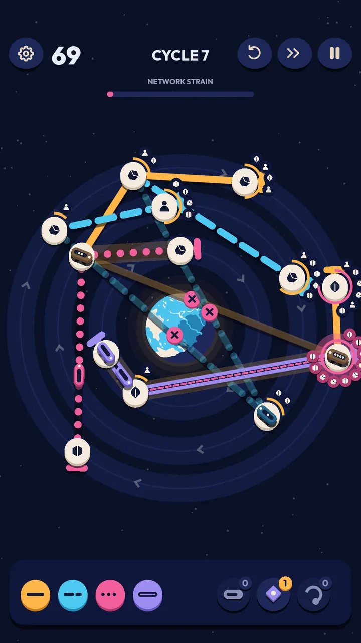 Four shuttle lines crossing a blue planet on the Slingshot map
