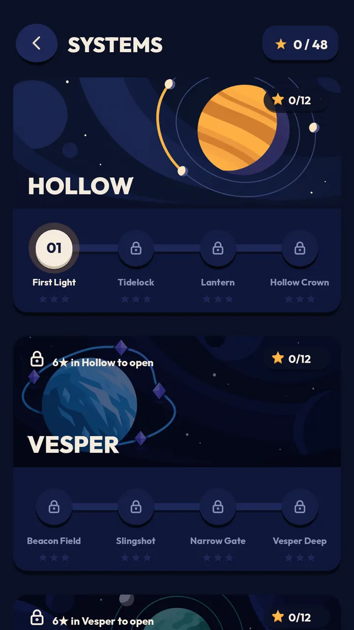 The systems screen with the first maps of Hollow and Vesper